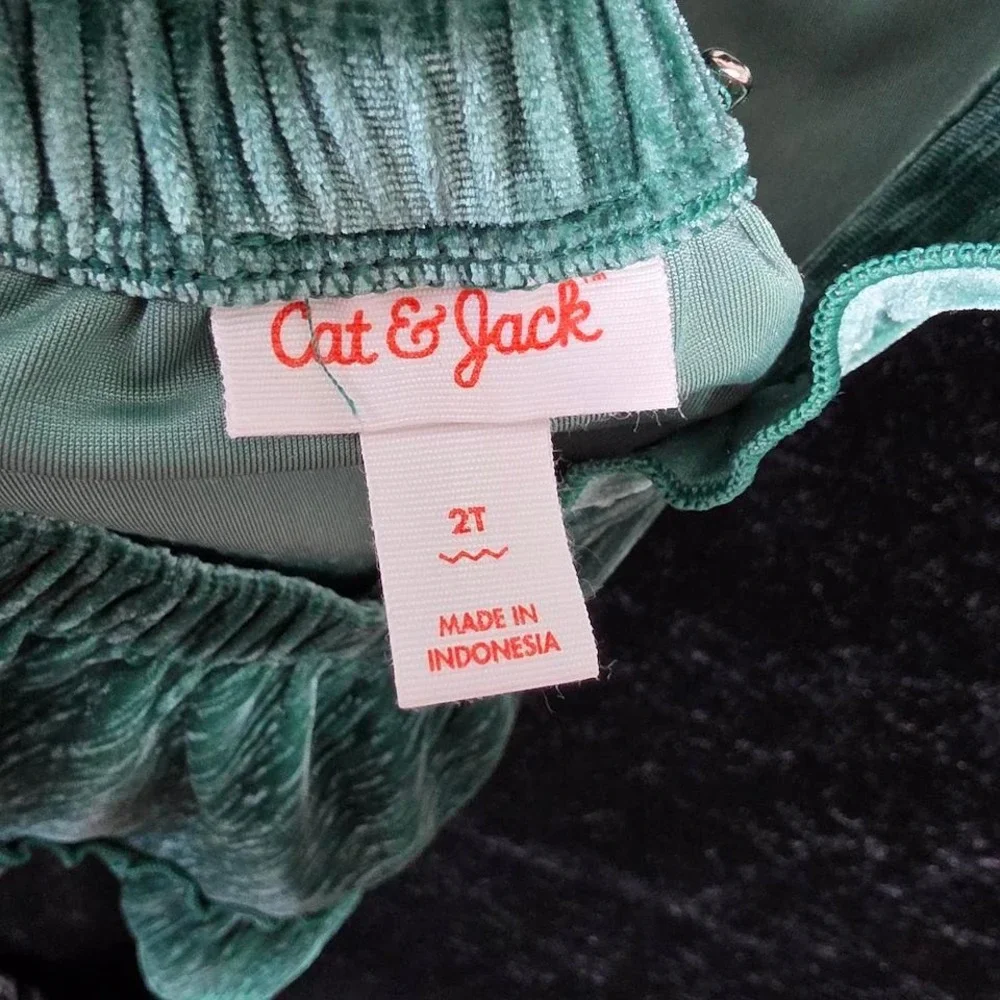 Cat & Jack Girls 2T Green Crushed Velvet Ruffle Pinafore Dress Crisscross Back